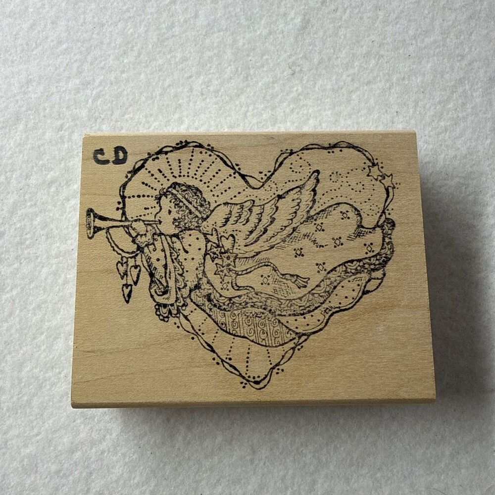 Large Angel Trumpet Heart Rubber Stamp Wood Mount Cherub Victorian Christmas Lov